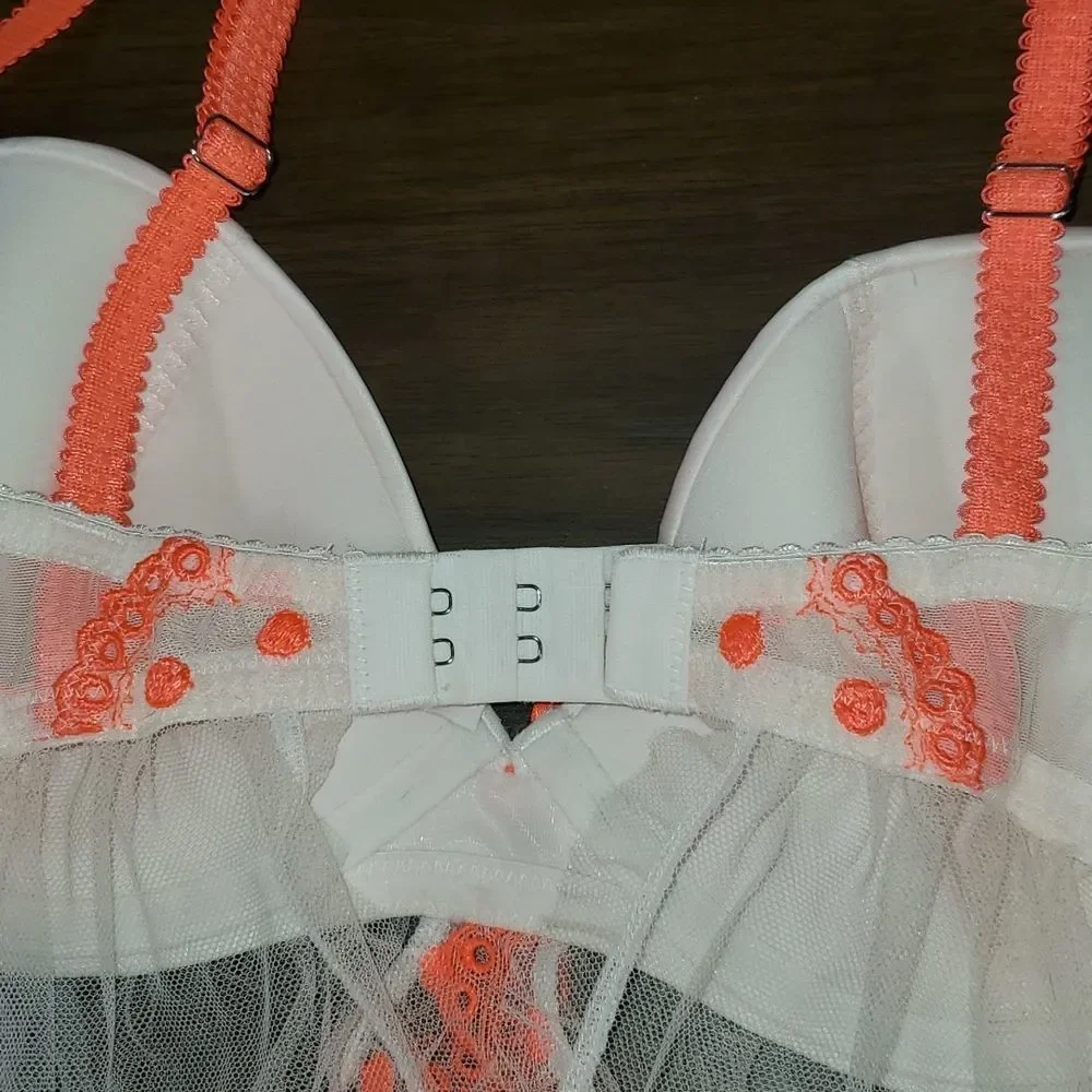 Victoria’s Secret Neon‎ Orange Pink Polka Dot Baby Doll Lingerie 34D Underwire